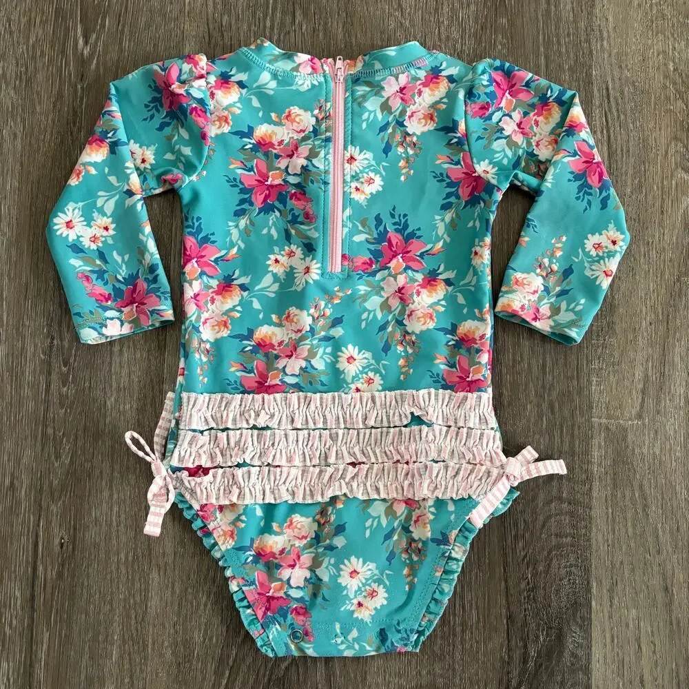RuffleButts Baby Girl One Piece Rash Guard in Fancy Me Floral - 12-18 Months